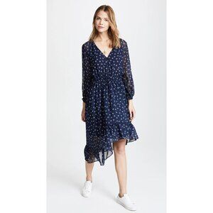 JOIE Alithea Navy Floral 100% Silk Chiffon Asymmetrical Ruffle Dress, Size L